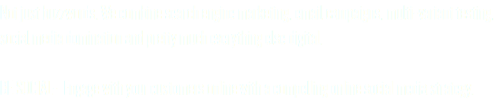 Not just buzzwords. We combine search engine marketing, email campaigns, multi-variant testing, social media domination and pretty much everything else digital. BE SOCIAL- Engage with your customers online with a compelling online social media strategy.