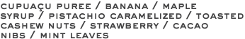 cupuaçu puree / banana / maple syrup / pistachio caramelized / toasted cashew nuts / strawberry / cacao nibs / mint leaves
